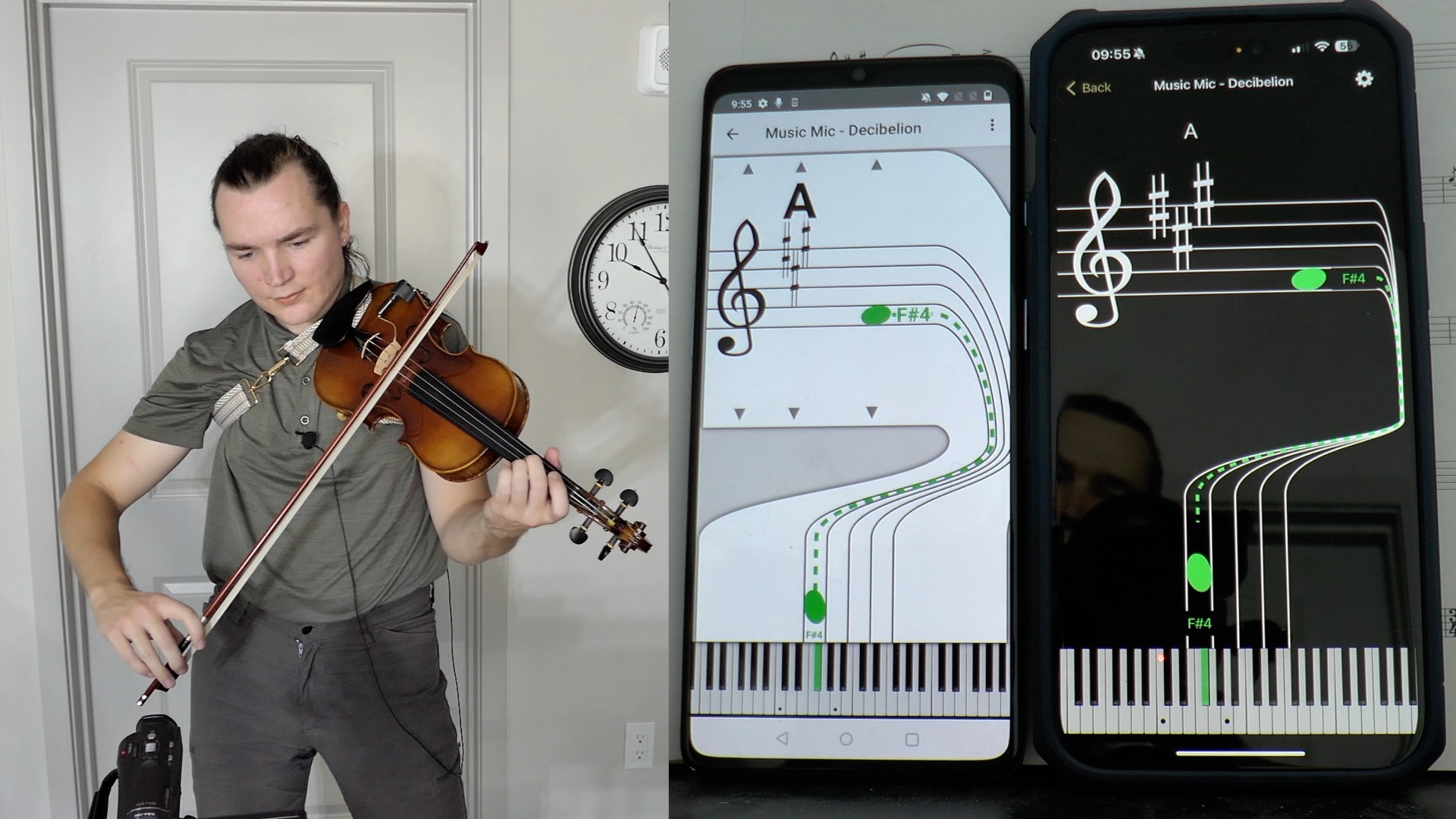 Decibelion app shows a music staff with the detected note on it.